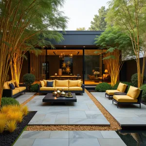 Golden Bamboo Forest - Natural stone patio with golden-toned gravel joints. Contemporary black metal furniture with golden yellow cushions. Golden bamboo creates living walls, while golden hakone grass provides lower level interest. Illuminated brass sculptures and modernist water channels. Yellow groove bamboo adds variety.