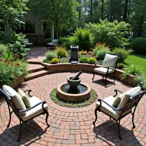 Healing Herb Sanctuary - Reclaimed brick patio arranged in concentric circles with healing herbs planted between joints. Vintage wrought iron furniture with natural linen cushions. Medicinal garden featuring echinacea, chamomile, and yarrow creates living pharmacy. Copper water feature with gentle cascade provides soothing sounds. Stone mortar and pestle sculpture centerpiece.