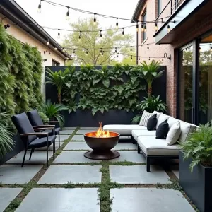 Industrial Chic Courtyard - Polished concrete patio with metal grid patterns, featuring repurposed industrial elements as planters. Modern lounge furniture in black and chrome, string lights overhead, and vertical garden walls with ferns and air plants. Metal fire bowl centerpiece.