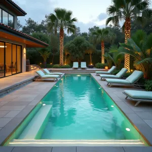 Infinity Edge Garden Terrace - Multi-level porcelain tile patio with disappearing edge water feature creating infinity effect. Modern loungers in brushed aluminum with seafoam green cushions. Mexican fan palms and birds of paradise create tropical backdrop. LED strip lighting under each level creates floating effect. Glass panel railings maintain unobstructed views.