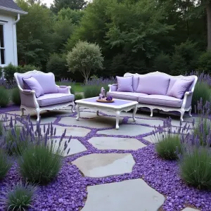 Lavender Mist Terrace - Limestone patio with embedded purple glass aggregate creating shimmer effect. Vintage French furniture in white with lavender cushions. Waves of different lavender varieties create purple haze. White gaura and Russian sage add movement. Amethyst crystal sculptures with integrated lighting.