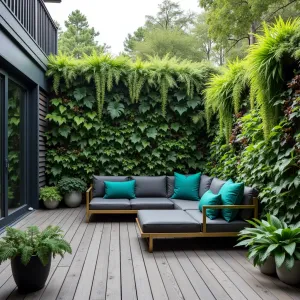 Living Wall Sanctuary - Multi-level composite deck patio featuring floor-to-ceiling living walls with integrated irrigation. Modern charcoal sectional with brass accents and emerald cushions. Vertical gardens filled with ferns, philodendrons, and trailing pothos create jungle effect. Hidden speakers provide nature sounds, while integrated misting system adds tropical atmosphere.