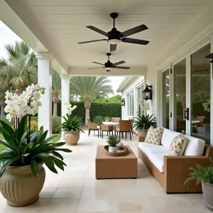 Luxe Garden Room Pavilion - White painted cedar pavilion with retractable glass walls, featuring cream travertine flooring and modern woven furniture in champagne tones. Palm trees and birds of paradise create tropical drama, while integrated lighting and ceiling fans provide comfort. Oversized planters with white orchids and trailing jasmine add elegance.