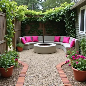 Mediterranean Budget Escape - Pea gravel patio with recycled brick border, featuring DIY concrete seating with bright cushions. Repurposed terra cotta pots filled with geraniums and herbs. Simple wooden pergola with climbing jasmine and grapevine, strung with solar-powered lights.