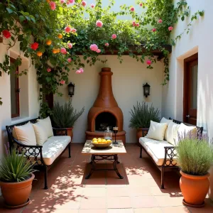 Mediterranean Courtyard Oasis - Intimate terracotta-tiled patio with whitewashed stucco walls, decorated with climbing bougainvillea and potted citrus trees. Wrought iron furniture with plush cushions, rustic wooden dining table, and a traditional clay chimenea. Terra cotta pots filled with lavender and rosemary line the space.