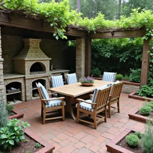 Mediterranean Herb Kitchen - Rustic brick patio with herringbone pattern, featuring outdoor kitchen with stone pizza oven. Vintage wooden dining set with blue and white striped cushions. Raised herb beds with rosemary, sage, basil, and thyme. Grape vine covered pergola provides natural shade.