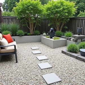 Minimalist Zen Garden - Simple gravel and paver patio with geometric pattern, featuring concrete block seating with cushions. Japanese forest grass and dwarf bamboo in recycled concrete planters. DIY water feature made from ceramic pots, surrounded by carefully placed river rocks.