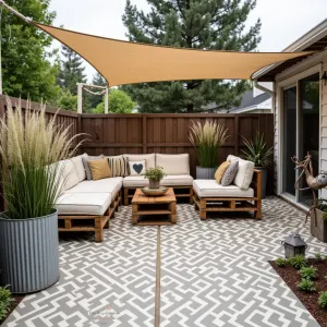 Modern Upcycled Haven - Painted concrete patio with geometric stencil pattern, featuring furniture made from repurposed pallets with modern cushions. Corrugated metal planters with ornamental grasses and salvaged metal art pieces. Simple canvas shade sail overhead.