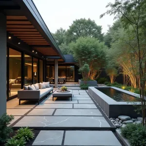 Modern Zen Patio Retreat - A serene modern patio space with natural stone pavers, featuring a sleek wooden pergola, minimalist outdoor furniture in gray tones, surrounded by Japanese maple trees and tall bamboo. Contemporary water feature with smooth river rocks creates a peaceful atmosphere. Soft LED lighting illuminates the space.