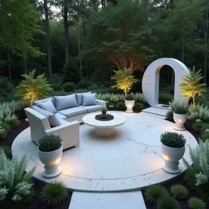 Moonlit Fern Sanctuary - Circular pearl-white limestone patio with embedded glow stones creating a starlit effect. White wicker furniture with silver-gray cushions surrounded by ghost ferns, white bleeding hearts, and silvery artemisia. Illuminated white ceramic planters and carved stone moon gate. Silver-leaved Japanese painted ferns line the borders.