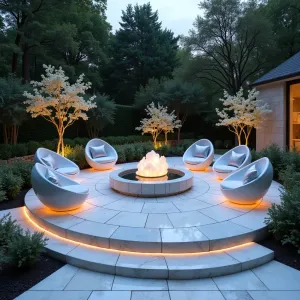 Moonstone Meditation Garden - Circular patio featuring iridescent moonstone-inspired pavers with LED underlighting. Modern zen seating pods in pearl white with silver cushions. White flowering plants including night-blooming jasmine and white gaura create ethereal atmosphere. Illuminated crystal quartz boulders serve as meditation focal points.