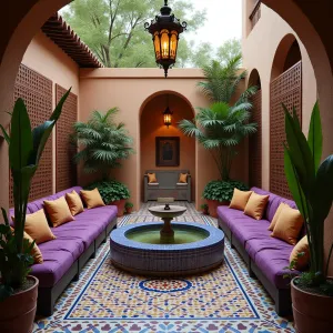 Moroccan Lantern Garden - Intricate mosaic tile patio in jewel tones, surrounded by perforated copper privacy screens. Plush low seating with rich purple and gold cushions. Potted citrus and palm trees create Mediterranean atmosphere. Hanging copper lanterns with colored glass cast magical light patterns. Tiled fountain with traditional Moroccan motifs.