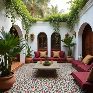 Moroccan Spice Garden - Vibrant mosaic tile patio in jewel tones, surrounded by whitewashed walls with arched niches. Plush low seating with burgundy and gold cushions, brass lanterns, and potted date palms. Aromatic garden featuring curry plant, cardamom, and climbing jasmine creates exotic atmosphere.