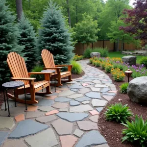 Mountain Lodge Escape - Rugged slate pavers in earth tones, arranged in an organic pattern. Rustic wooden rocking chairs and iron side tables, surrounded by native conifers and hardy perennials. Natural stone boulder accents and copper path lights. Dense border of black-eyed susans and purple coneflowers.