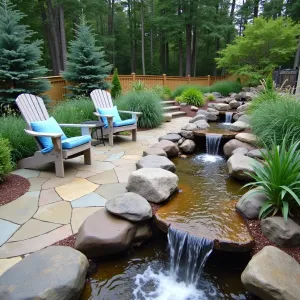 Mountain Stream Cascade - Natural stone patio integrated with artificial stream and multiple waterfalls. Adirondack chairs in weathered gray with mountain blue cushions. Japanese forest grass, dwarf horsetail, and blue sedge create streamside plantings. Boulder seating areas with heated elements. Copper rain chains direct water flow during rain.