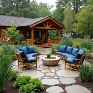 Musical Rain Garden - Natural stone patio featuring musical rain chains and copper wind chimes. Sustainable bamboo furniture with deep blue cushions. Rain garden plants including Japanese iris, rushes, and native sedges create symphony of movement. Musical note-shaped stepping stones lead to covered seating area.