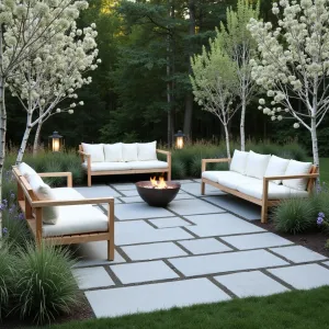 Nordic Inspired Stone Haven - A minimalist paver patio featuring light gray geometric stones, arranged in a Scandinavian-inspired pattern. Natural wooden bench seating with white cushions, surrounded by ornamental birch trees and masses of white astilbe. Steel fire bowl and simple lanterns provide evening ambiance. Low maintenance grass varieties create a soft border.