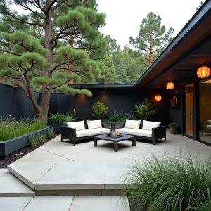 Origami Garden Sanctuary - Angular concrete patio with folded planes creating origami-inspired levels. Minimalist Japanese furniture in black teak with cream cushions. Cloud-pruned pines and Japanese maple create living sculpture. Geometric steel planters with cascading maiden grass. Paper lantern inspired lighting fixtures.