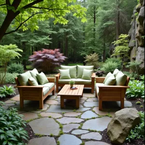 Pacific Northwest Paradise - Natural bluestone pavers with moss-filled joints, creating an organic woodland patio. Weather-resistant cedar furniture with sage green cushions. Surrounded by native ferns, heuchera, and Japanese maples. Natural rock outcroppings and copper rain chains add Northwest charm.