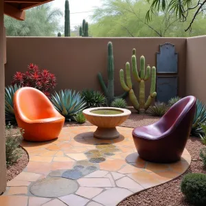 Painted Desert Terrace - Southwestern colored concrete patio with embedded desert stone mosaic. Modern Acapulco chairs in sunset orange and deep purple. Red yucca, blue agave, and golden barrel cactus create living sculpture garden. Weathered steel privacy screens with desert scene cutouts. Sandstone water bowl with gentle overflow.