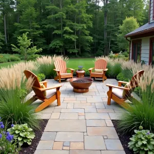 Prairie Style Sanctuary - Rectangular paver patio with warm-toned natural stones laid in a running bond pattern. Surrounded by flowing ornamental grasses including Karl Foerster feather reed grass and blue oat grass. Wooden Adirondack chairs with earth-toned cushions, simple copper fire pit, and native wildflowers creating a natural border.