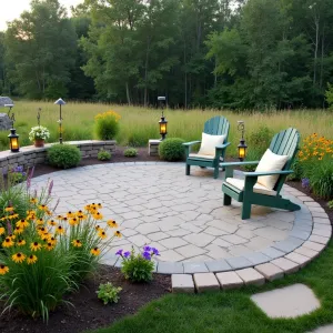 Prairie Wildflower Haven - Circular stamped concrete patio with native stone border, surrounded by waves of prairie grasses and wildflowers. Adirondack chairs in sage green with cream cushions. Black-eyed susans, purple coneflowers, and blazing star create natural meadow setting. Solar lanterns on shepherd's hooks provide evening glow.