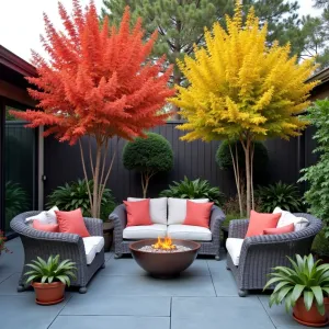 Rainbow Eucalyptus Oasis - Contemporary bluestone patio featuring stunning rainbow eucalyptus trees as focal points. Modern rope weave furniture in gray with coral cushions. Bright croton plants and bronze bromeliads create tropical color palette. Custom steel fire bowl with colored glass.