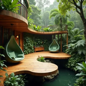 Rainforest Canopy Deck - Elevated ipe wood deck with multiple circular platforms connected by curved walkways. Hanging pod chairs in sage green. Dense canopy of tree ferns and giant philodendron create jungle atmosphere. Misting system and solar-powered fan system for cooling. Living wall of tropical plants and orchids.