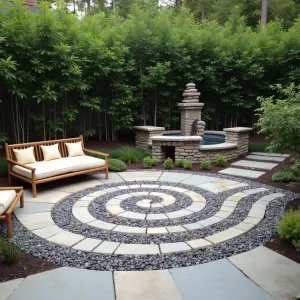 River Stone Meditation - Smooth river rock patio with polished pebble inlays forming spiral pattern. Low-profile bamboo meditation benches with cream cushions. Weeping blue atlas cedar creates living sculpture, while black bamboo provides screening. Stone cairn water feature with hidden lighting creates peaceful atmosphere.