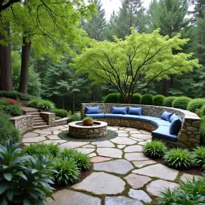 Riverside Stone Sanctuary - Natural river rock patio with moss-filled joints, featuring curved stone seating walls with deep cushions in river blue tones. Japanese forest grass and native ferns create lush groundcover, while weeping cherry trees provide graceful canopy. Custom copper rainfall water feature creates peaceful ambiance.