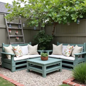 Rustic Gravel Garden Retreat - Budget-friendly gravel patio with reclaimed wooden pallet furniture painted in sage green, adorned with handmade cushions. Surrounded by drought-resistant Russian sage, verbena, and ornamental fountain grass. DIY mason jar lanterns hang from repurposed ladder structure. Recycled brick border defines the space.