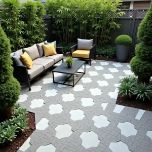 Sacred Geometry Garden - Hexagonal patterned porcelain tile patio in gray and white, creating optical illusion effect. Modern black metal furniture with geometric cushions in gold and gray. Spiral-pruned boxwood and sacred bamboo create living geometry. Mixed sedums planted in hexagonal containers following Fibonacci sequence.