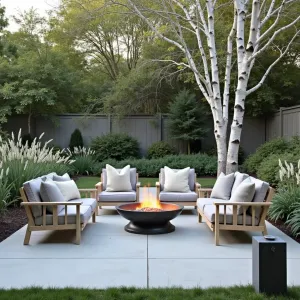 Scandinavian Winter Garden - Light gray concrete patio with simple clean lines, featuring pale wooden furniture with sheepskin throws and gray wool cushions. White-barked birch trees provide structure, while ornamental grasses and white flowering perennials create movement. Modern metal fire pit and minimalist LED path lighting.