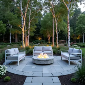 Silver Birch Moonscape - Circular moonstone paver patio with silver granite inlays. White powder-coated aluminum furniture with pearl gray cushions. Grove of multi-stem silver birch trees creates dappled shade, underplanted with silver artemisia and white echinacea. Illuminated sphere fountains glow like moons at night.