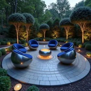 Solar System Garden - Circular concrete patio with planetary orbit patterns inlaid in metallic aggregate. Modern sphere chairs in metallic finish with deep blue cushions. Spherical topiary in varying sizes create planet effect. LED lighting system creates constellation effect at night. Circular water features represent Saturn's rings.