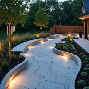 Sound Wave Garden - Curved concrete patio with wave patterns in varying gray tones. Modern curved bench seating following wave design. Ornamental grasses planted in wave formation create movement. Musical wind chime installation creates symphony with breeze. LED strip lighting emphasizes wave patterns at night.