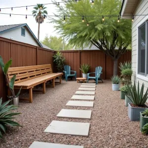 Southwest Desert Oasis - Decomposed granite patio with recycled concrete pavers, featuring DIY wooden bench seating. Low-maintenance desert landscaping with agave, yucca, and barrel cactus in repurposed metal containers. String lights and handmade wind chimes add ambiance.