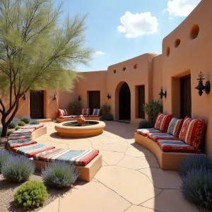 Southwest Pueblo Patio - Adobe-style curved walls surrounding a saltillo tile patio. Traditional banco seating with bright woven cushions, decorated with Native American textiles. Blue sage, yucca, and flowering desert willow provide natural beauty. Traditional kiva fireplace and pottery water feature.