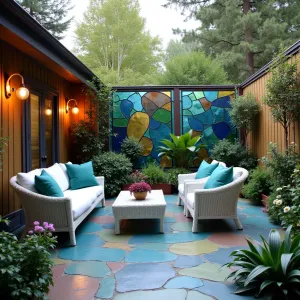 Stained Glass Garden Room - Colored concrete patio with stained glass inspired pattern in jewel tones. Modern wicker furniture in white with emerald and sapphire cushions. Stained glass privacy screens with integrated lighting. Persian shield and coleus create living stained glass effect. Colored glass globe lights overhead.