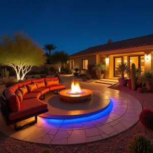 Sunset Desert Lounge - Circular sandstone patio with integrated fiber optic lighting creating starry effect. Modern low-profile seating in terra cotta with sunset-colored cushions. Golden barrel cactus and red yucca provide desert structure. Cor-ten steel fire pit with colored glass. Illuminated desert art installations.