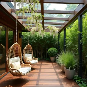 Suspended Forest Canopy - Elevated wooden deck patio with transparent acrylic roof panels filtered by trained wisteria vines. Hanging rattan egg chairs with plush cream cushions. Surrounding tall bamboo creates privacy, while potted Japanese forest grass adds ground-level interest. Integrated canopy lighting system creates dappled light effect.