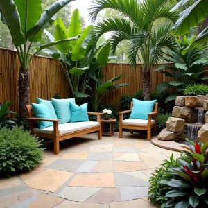 Tropical Paradise Patio - Natural stone patio with curved edges, surrounded by lush tropical plantings including bird of paradise, palm trees, and colorful bromeliads. Teak furniture with turquoise cushions, bamboo privacy screen, and a cascading tropical waterfall feature.