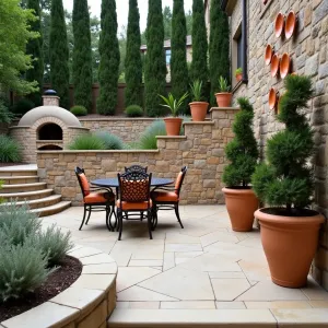 Tuscan Hillside Terrace - Multi-level travertine patio with rustic stone retaining walls creating intimate seating areas. Antique terracotta pots filled with cypress trees and silver-leafed artemisia. Wrought iron dining set with burnt orange cushions, feature wall with mounted ceramic plates, and a stone pizza oven. Italian herb garden borders with cascading rosemary.