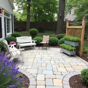 Urban Farmhouse Sanctuary - Stamped concrete patio with simple design, featuring white-painted wooden benches and galvanized metal planters. Herb garden in repurposed wooden crates, string lights on wooden posts, and vintage metal chairs. Surrounded by lavender, thyme, and climbing sweet peas on DIY trellis.