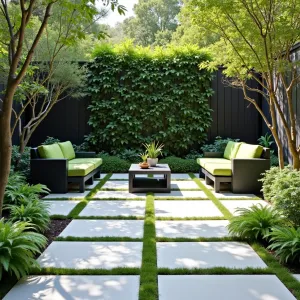 Urban Rainforest Retreat - Contemporary large-format concrete pavers with grass joints, creating a modern grid pattern. Surrounded by lush ferns, hostas, and shade-loving perennials. Modern aluminum furniture in charcoal with green cushions. Vertical garden wall featuring trailing vines and air plants.