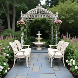 Victorian Garden Room - Elegant bluestone patio with vintage-inspired cast iron lace furniture in cream. Surrounded by traditional border of climbing tea roses, delphinium spires, and white phlox. Ornate metal gazebo structure with hanging fuchsia baskets and vintage-style lanterns. Classical tiered fountain centerpiece.