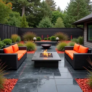 Volcanic Rock Haven - Black basalt stone patio with red lava rock accents, creating dramatic contrast. Charcoal-colored woven furniture with bright orange cushions. Fire-colored crocosmia and red hot poker plants create flames of color, while black mondo grass provides dark contrast. Cor-ten steel fire bowls with volcanic glass.