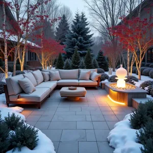 Winter Berry Garden - Heated concrete patio with integrated snowmelt system, surrounded by winter-interest plants featuring red-berried winterberry holly and white-barked birch trees. Modern sectional with heated seats and thick wool cushions. Illuminated ice sculpture fountain and evergreen border with blue spruce.