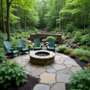 Woodland Stream Patio - Natural flagstone patio integrated with surrounding woodland landscape, featuring a meandering stream with stone bridges. Adirondack chairs in forest green, native ferns and woodland flowers throughout. Stone fire pit with built-in seating.