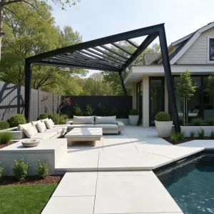 Arctic Fold Garden - Contemporary concrete patio with origami-inspired folded planes in white-tinted concrete, featuring built-in heated seating elements. Silver Sage and Arctic Willow in geometric concrete vessels create cool-toned palette, while angular steel pergola provides modernist shelter